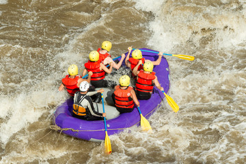 An assembly of daring tourists flanked by a masterful rafting pilot engages the ferocious rapids of...