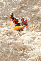 A group of adventurous individuals rowing a white-water raft through a challenging river, showing perseverance and determination against the force of the water.