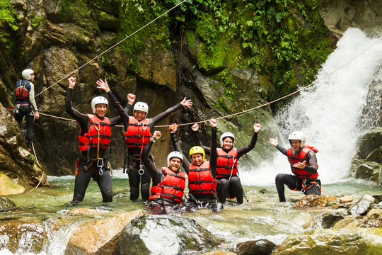 zip line sport group tourist adventure canyon people ecuador llanganates group of human having fun during a canyoning expedition in llanganates national park ecuador zip line sport group tourist adve