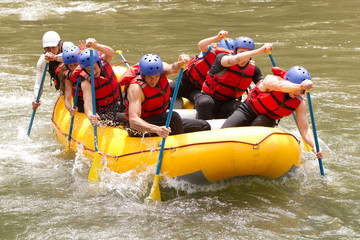 A group of tourists in a team challenge, rowing a raft down the river with excitement and action in an extreme water sport of rafting.