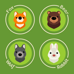 Set of icons of animals. Wolf, bear, fox and rabbit
