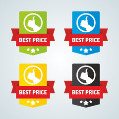 Best price badge with red ribbon. Different colors. Vector illus