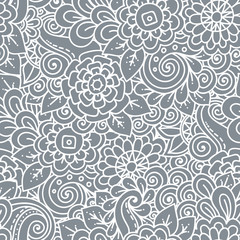 Seamless  floral retro doodle black and white pattern in vector. 