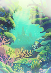 Fototapeta na wymiar Illustration: The Sea where the Little Mermaids' Father live. Vintage Version. Realistic Style. Scene / Wallpaper / Background Design.