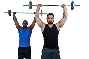 Naklejka premium Man lifting barbell with trainer