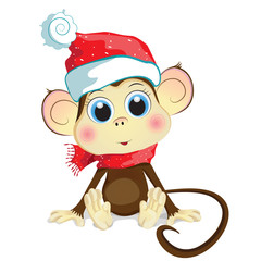 Cartoon vector illustration of a pretty baby monkey sitting on the floor and wearing a red knitted hat and scarf.
