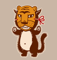 Vector cat in the tiger mask. Image of fluffy brown cat in an orange tiger mask on a gray background.