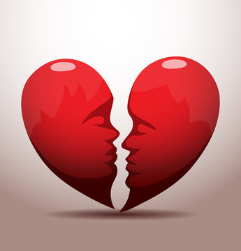 Vector broken heart. Image of a broken heart in red, where the halves - silhouettes of men and women face on a gray background.