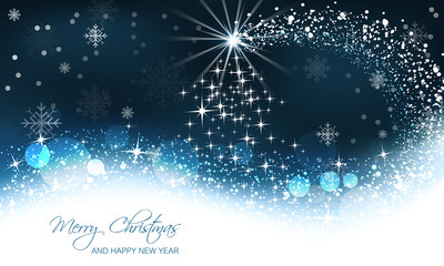 Christmas greeting card with christmas tree on abstract snow background.