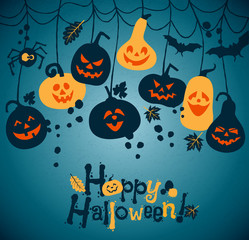 Halloween background of cheerful pumpkins with moon.