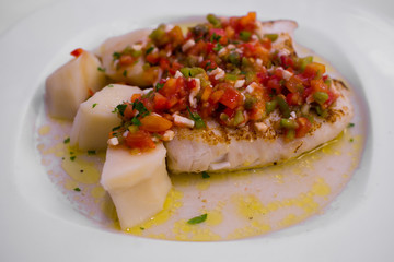 Hake steak with pepper vinaigrette