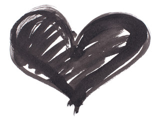 drawn in ink, watercolor, black heart isolated on white background