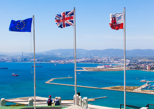 flags of the european union, united kingdom and gibraltar 