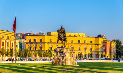 Skanderbeg Square with his statue in Tirana - Albania - obrazy, fototapety, plakaty