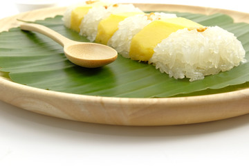 Thai Sweet Mango Sticky Rice with Coconut Milk, White Background