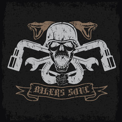 Obraz premium grunge biker theme label with pistons,flowers,snakes and skulls