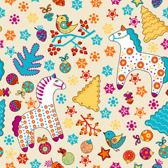 Cute vector seamless Christmas pattern with horses, birds, berries and snowflakes.