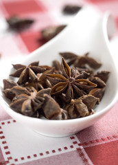 Star anise on white and red tablecloth. Selective focus