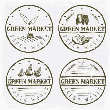 set of vintage labels of green market with tractor and vegetable