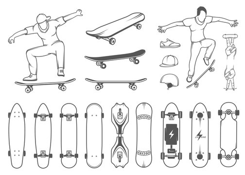 Set of Skateboards, Equipment, and Elements of Street Style