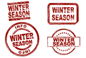 Set of stylized red stamps showing the term winter season. All on white background