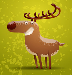 Vector funny deer smiling. Image of a funny cartoon deer brown color with horns smiling on a green background of foliage and grass.