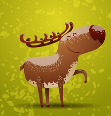 Vector funny deer. Image of a funny cartoon deer brown color with horns standing on a green background of foliage and grass.
