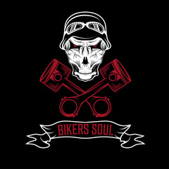 biker theme label with pistons and skulls