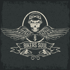 Naklejka premium biker theme label with pistons and skulls with wings