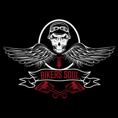 biker theme label with pistons and skulls with wings