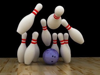 Naklejka premium Bowling ball with pins on wooden floor