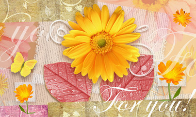Elegance autumnal postcard with beautiful gerbera flowers, leaves and butterfly. Love floral pattern.Can be used as gift greeting card, invitation for wedding, birthday, other holiday happening