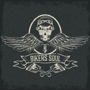 biker theme label with pistons and skulls with wings