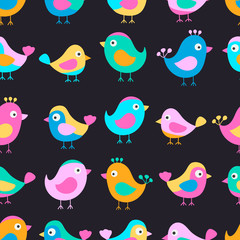 Hand drawn seamless pattern with cute birds. Fun birds for kids design. Vector. Bright colors - pink, blue, yellow, orange. On black background.