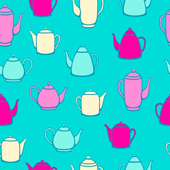 Pattern with teapots. Bright background with hand drawn color teapots.
