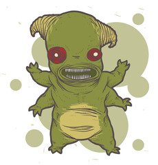 Vector green monster mutant. Image monster mutant green color with two horns, red eyes and four hands on a white-green spotty background.