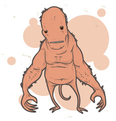 Vector light pink monster mutant. Image monster mutant light pink color with a large head, two big hands and a tail on a white-pink spotty background.