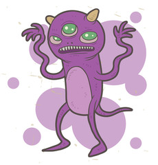 Vector purple monster mutant. Image monster mutant purple color with three eyes and two horns on a purple and white spotty background.