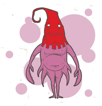 Vector pink monster mutant. Image monster mutant pink color with claws and a red hooded executioner on a pink and white spotty background.