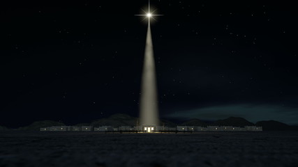 A slow zoom towards a depiction of the nativity scene of christs birth in bethlehem with the isolated run down stable being lit by a bright star