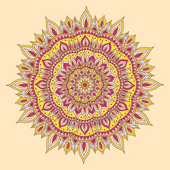 Hand drawn diwali mandala. Doodle mandala with fire ornament. Red, pink, white and yellow colors. Vector diwali mandala.