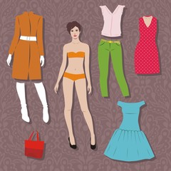 paper doll with set of cloths for cut. Vector illustration