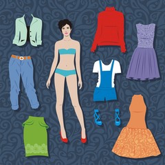 paper doll with set of cloths for cut. Vector illustration