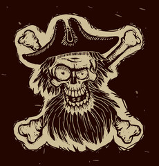 Vector black pirate skull in a cocked hat. Image of a black pirate skull and crossbones as the 