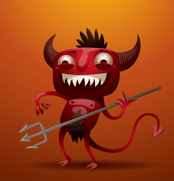 Vector laughing little red devil. Image of a laughing little red devil with horns and a tail, holding a trident in his hand on an orange background.