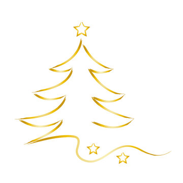 Frohe Weihnachten, xmas, x mas, Goldener Weihnachtsbaum mit Sternen, Motiv für eine Grusskarte und Einladung zur Weihnachtsfeier, gemeinsam in Familie feiern, Vektor isoliert
