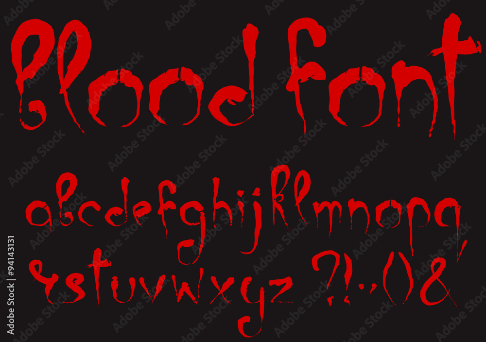 Fototapete bloody alphabet set. lowercase dark red stylized hand drawn letters and most important punctuation m