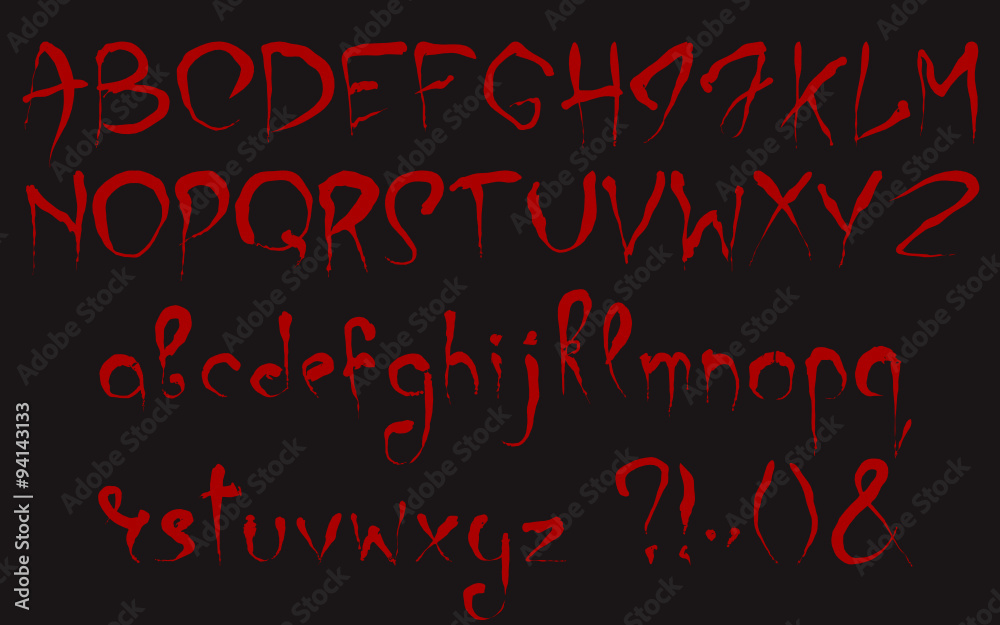 Fototapete bloody alphabet set. uppercase and lowercase dark red stylized hand drawn letters and most important
