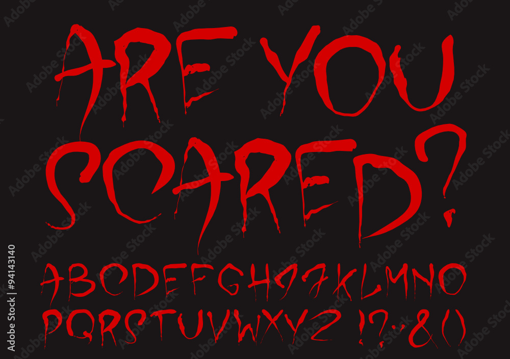 Fototapete bloody alphabet set. uppercase dark red stylized hand drawn letters and most important punctuation m