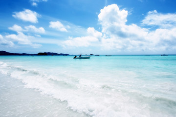 Sunny beach in blue tones. Seychelles